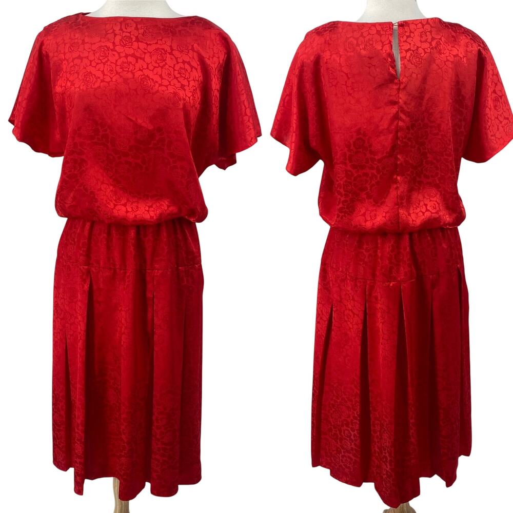 Vintage 80s Brocade Midi Dress Embossed Floral Pattern Blouson Pleated Red 10